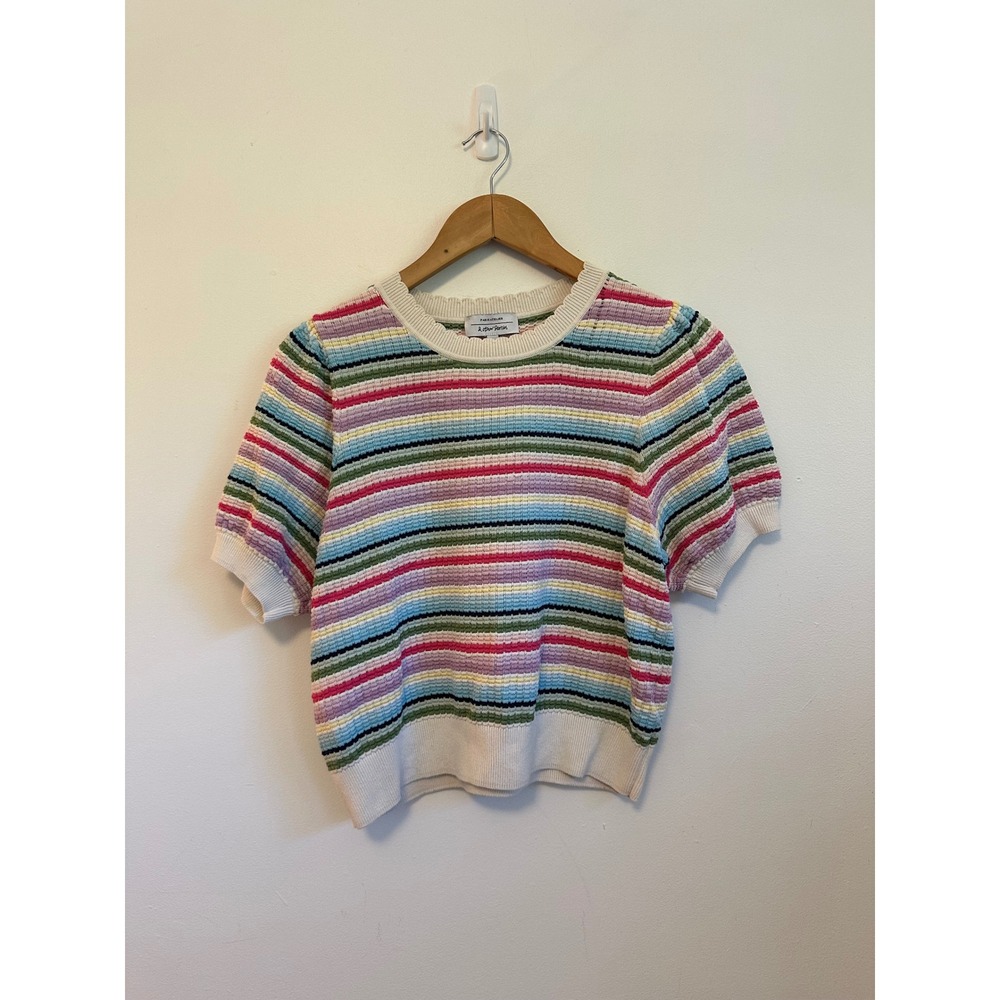 & Other Stories Multi Color Striped Textured Cotton Short Sleeve Sweater | Large